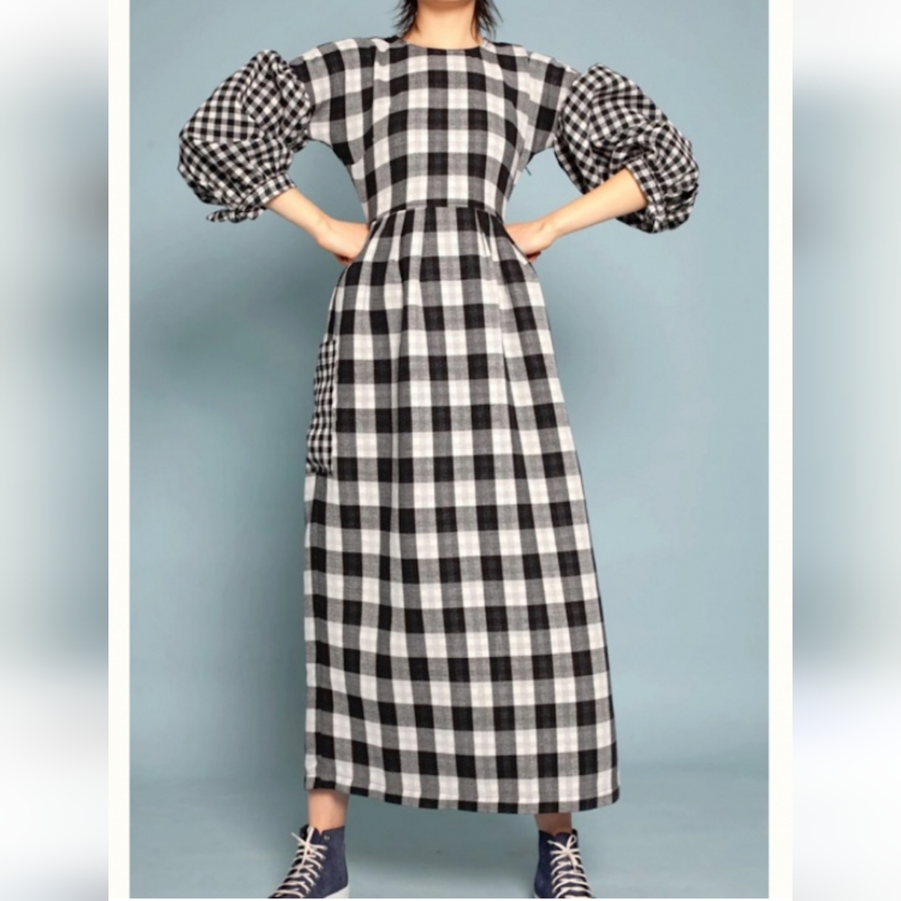 L.F. Markey Joe Dress Maxi Black White Checkered Cotton Long Blouson Sleeve US6